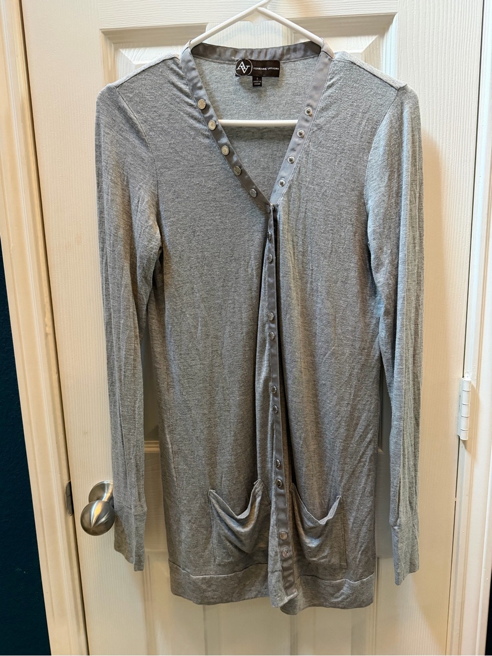 Adrienne Vitadini Light Gray Snap-Front Long Cardigan